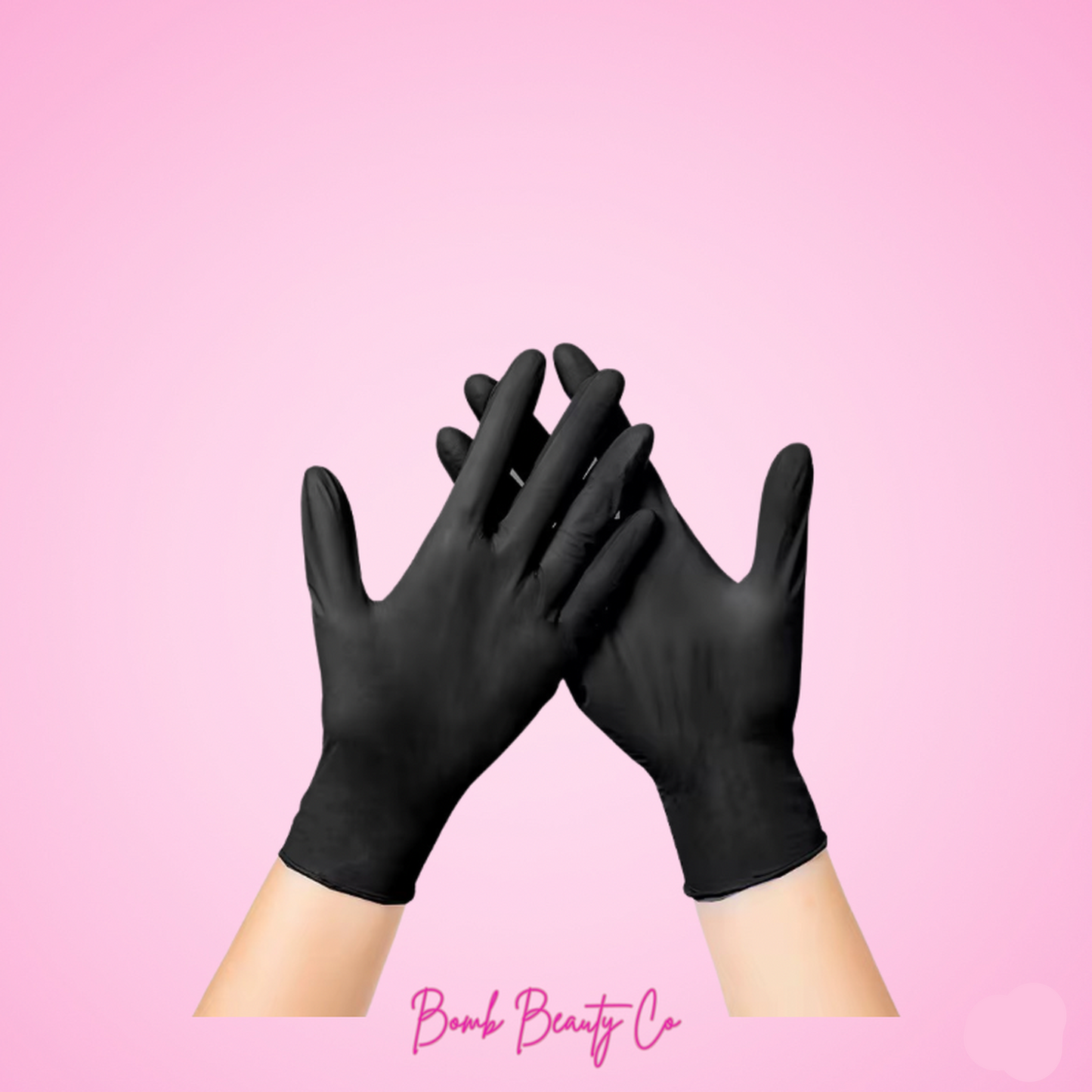Black gloves held together on a pink background with 'Bomb Beauty Co' branding.