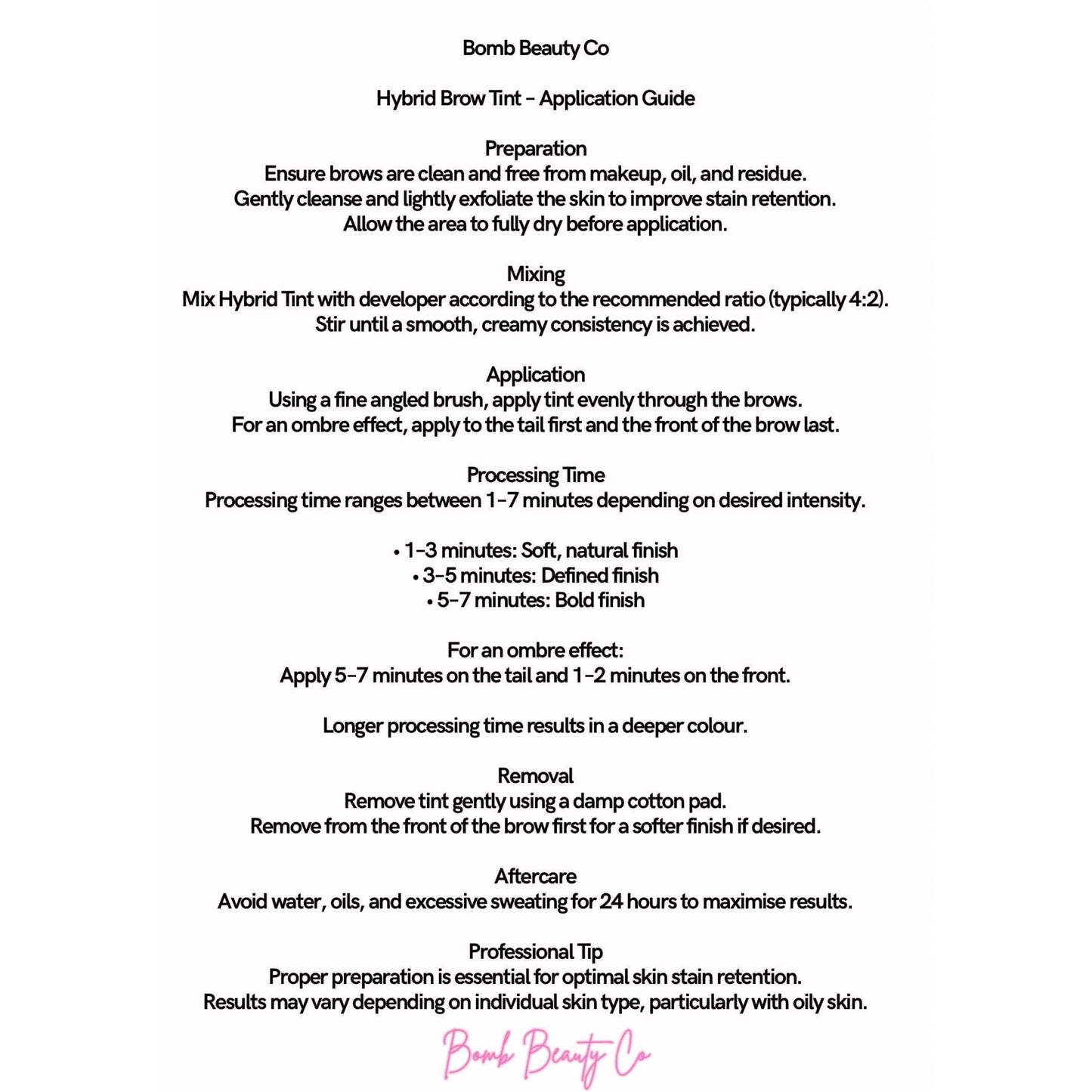 Application guide for Bomb Beauty Co Hybrid Brow Tint on a white background