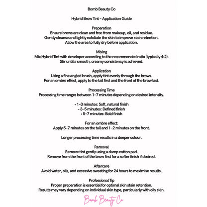Application guide for Bomb Beauty Co Hybrid Brow Tint on a white background