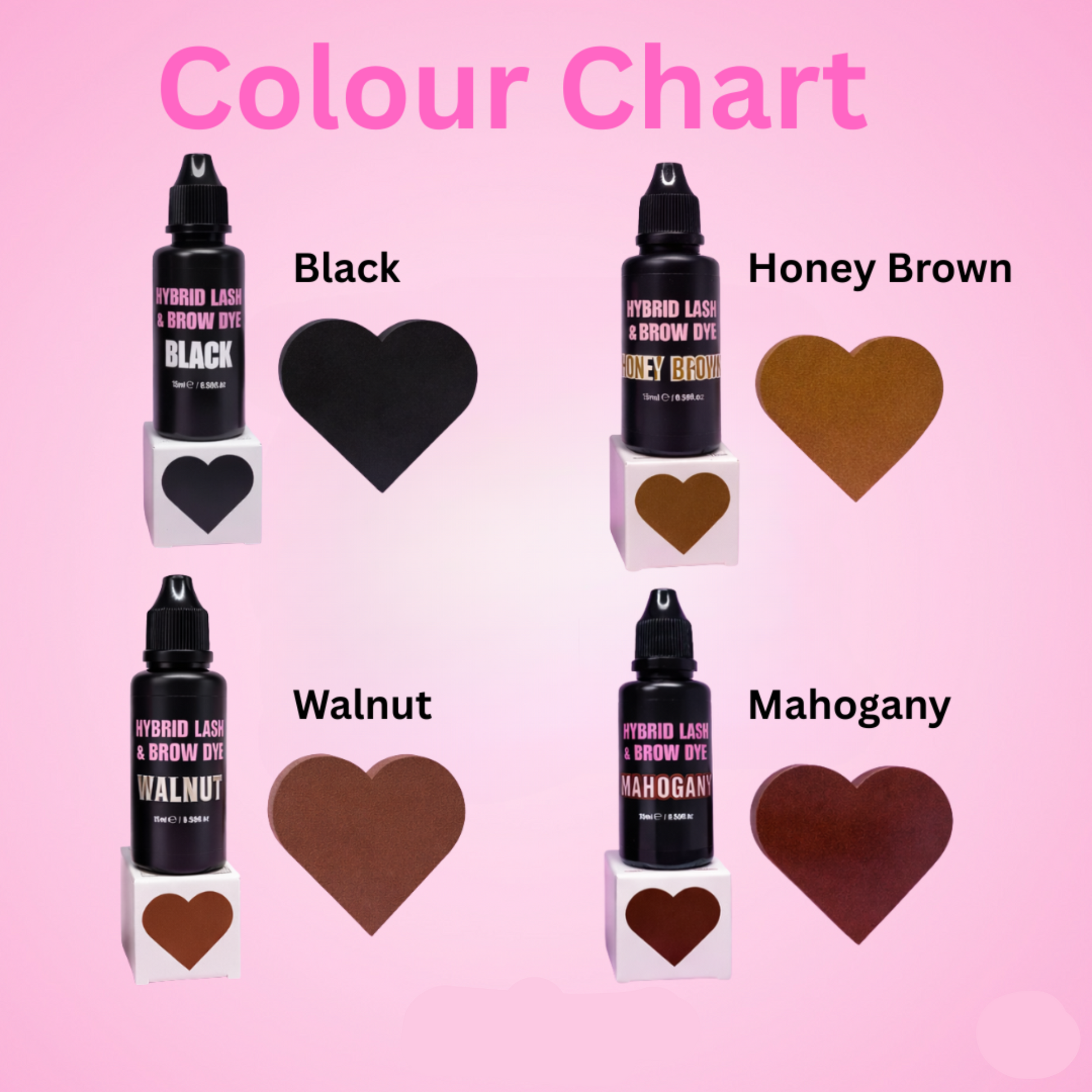 Color chart with bottles labeled Black, Honey Brown, Walnut, and Mahogany on a 