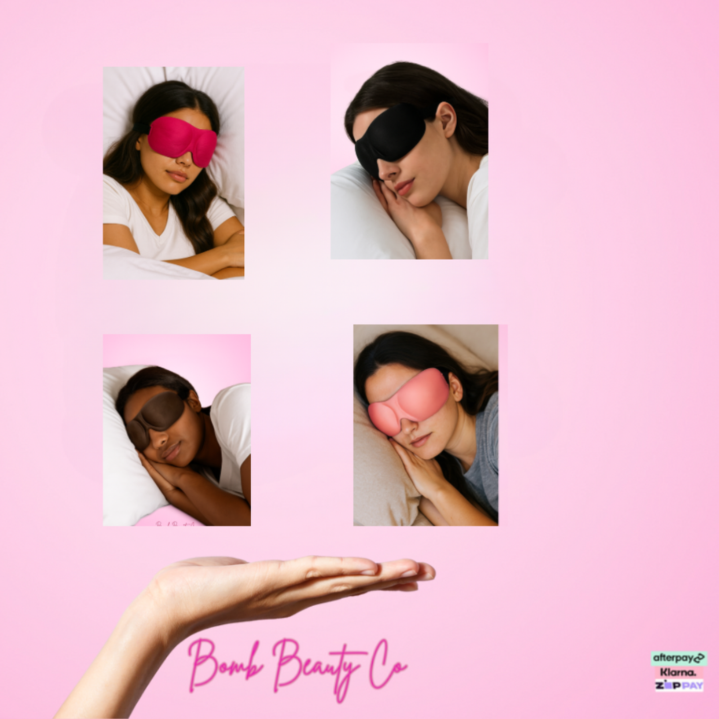 Collage of women wearing sleep masks with a pink background and 'Bomb Beauty Co' branding.
