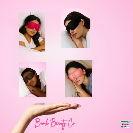 Collage of women wearing sleep masks with a pink background and 'Bomb Beauty Co' branding.